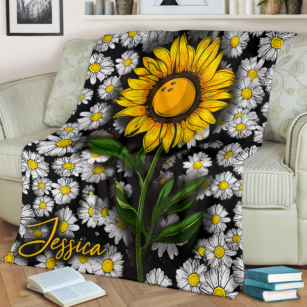 Petmytshirt Bowling Sunflower Blanket Sunflower Sherpa Fleece Blanket Custom Name Soft Cozy Plush Throw Blanket For Women Girl Wife Kid