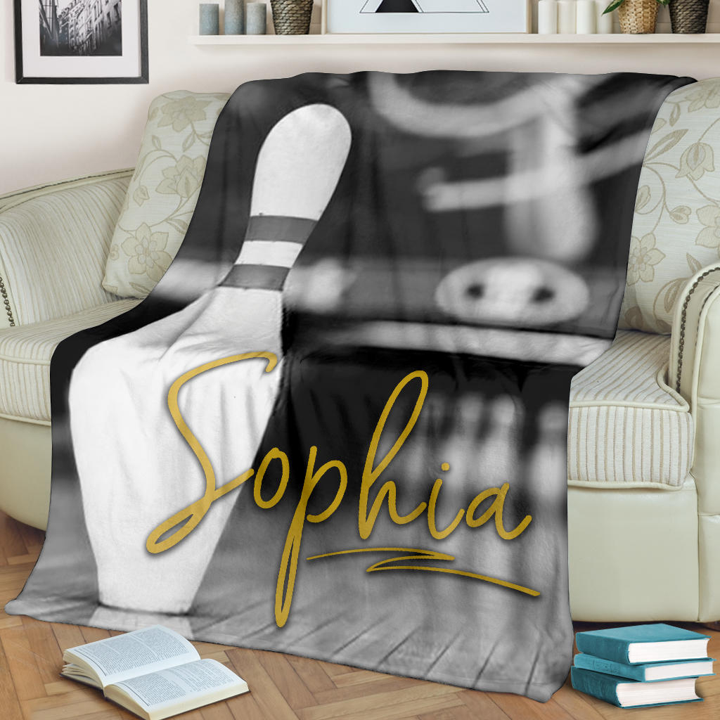 Petmytshirt Bowling Blanket Black White Bowling Pin Sherpa Fleece Blanket Custom Name Soft Cozy Plush Throw Blanket
