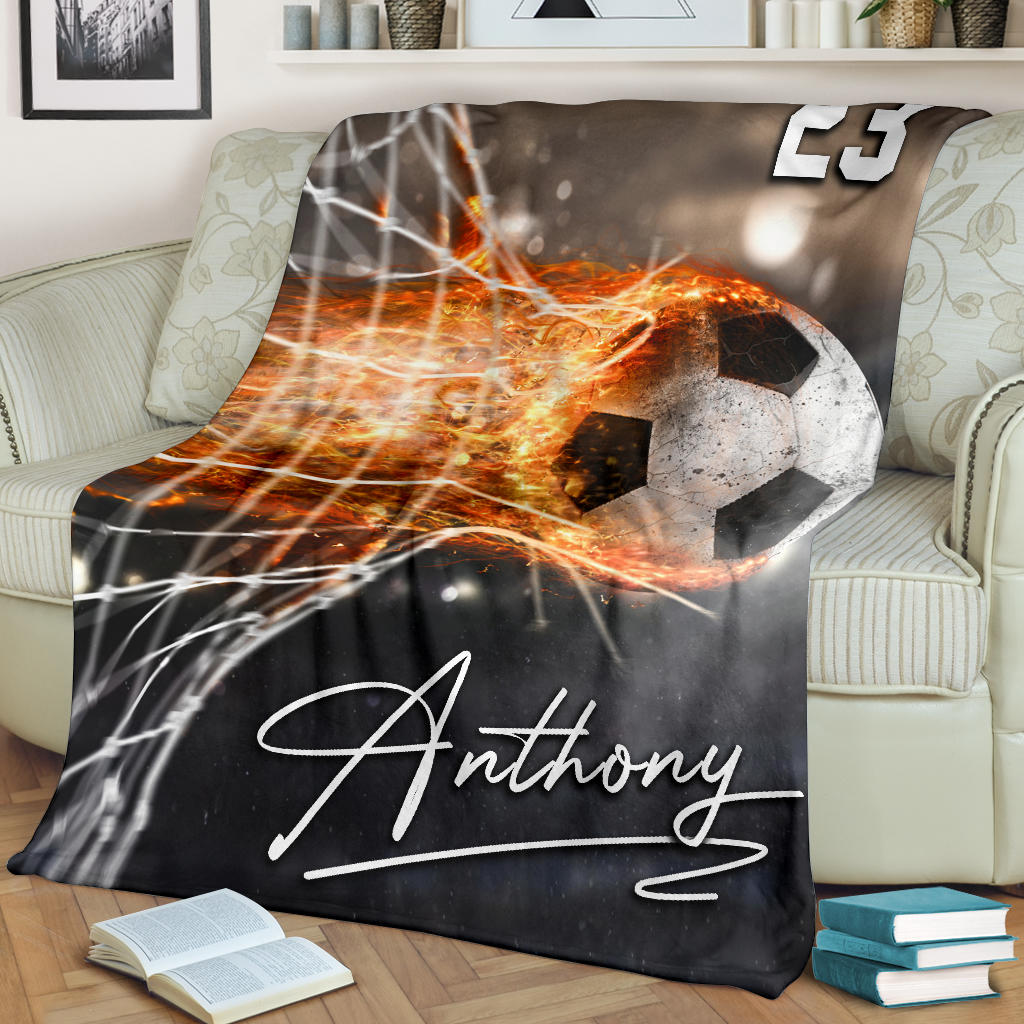 Petmytshirt Soccer Blanket Soccer Goals Explode Fire Sherpa Fleece Blanket Custom Name Number Soft Cozy Plush Throw Blanket