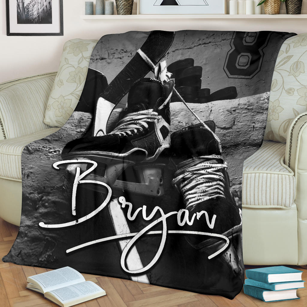 Petmytshirt Hockey Blanket Ice Hockey Shoes Sherpa Fleece Blanket Custom Name Soft Cozy Plush Throw Blanket For Men Boy Son Kid