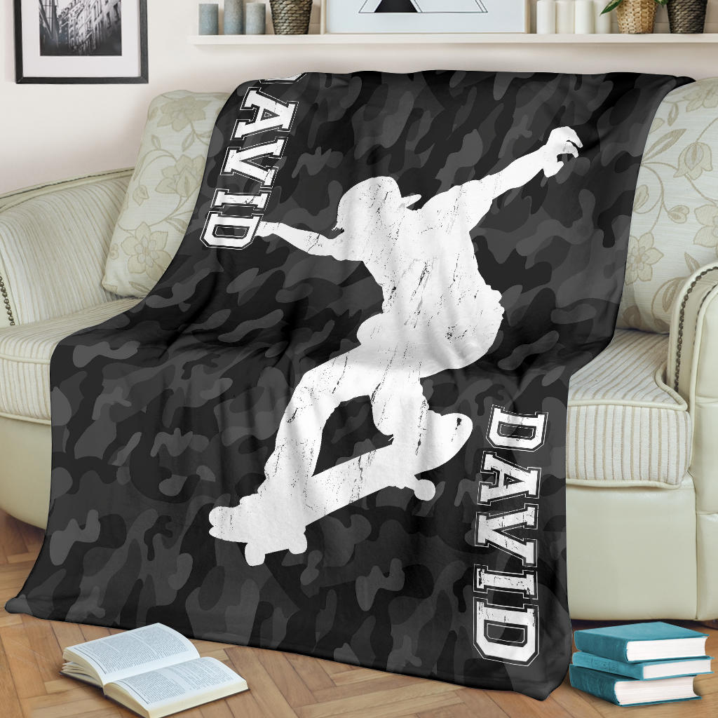 Petmytshirt Blanket Black Camo Pattern Skateboarding Boy Sherpa Fleece Blanket Custom Name Soft Cozy Plush Throw Blanket