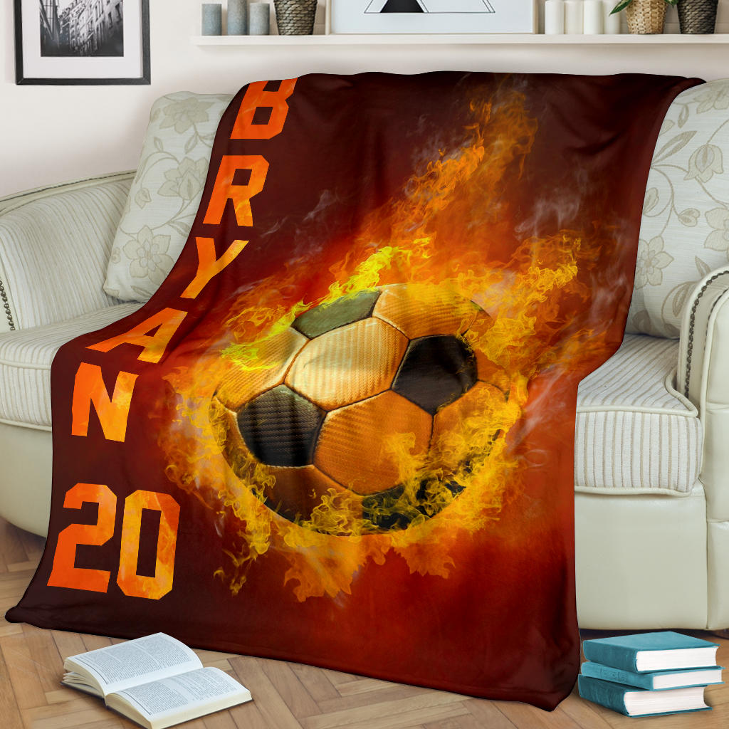 Petmytshirt Soccer Blanket Fire Printed Soccer Ball Fans Lovers Sherpa Fleece Blanket Custom Name Number Soft Cozy Plush Throw Blanket
