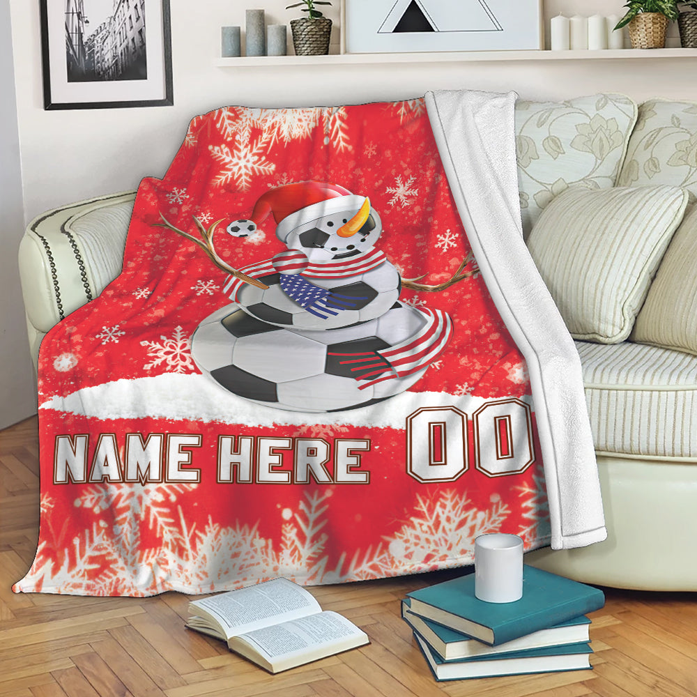 Petmytshirt Soccer Blanket Christmas Soccer Snowman Snowflake Sherpa Fleece Blanket Custom Name Number Soft Cozy Plush Throw Blanket
