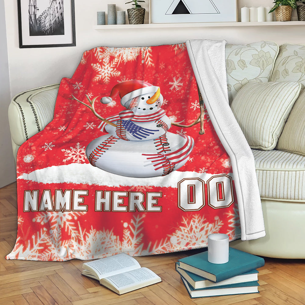 Petmytshirt Baseball Blanket Baseball Snowman Sherpa Fleece Blanket Custom Name Number Soft Cozy Plush Throw Blanket Christmas Gift