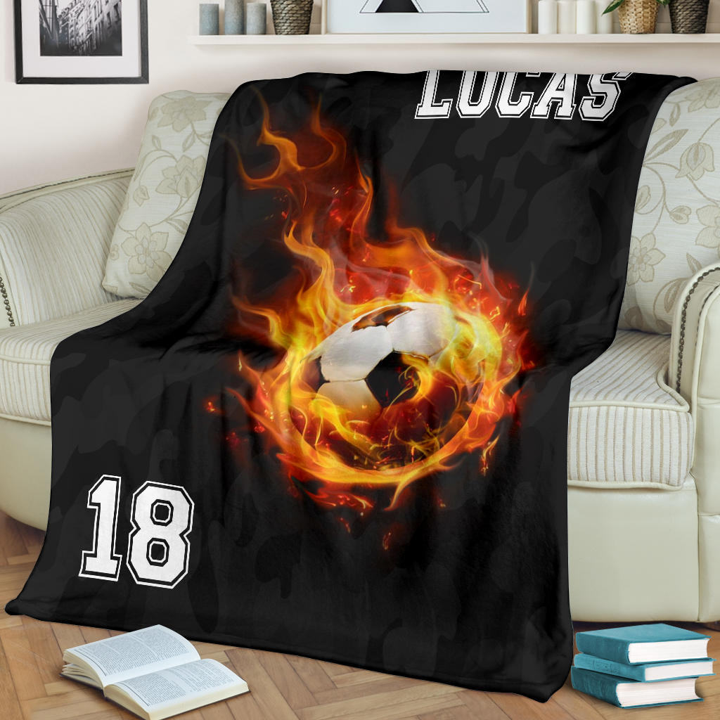 Petmytshirt Soccer Blanket Soccer Fireballs Effect Sherpa Fleece Blanket Custom Name Number Soft Cozy Plush Throw Blanket