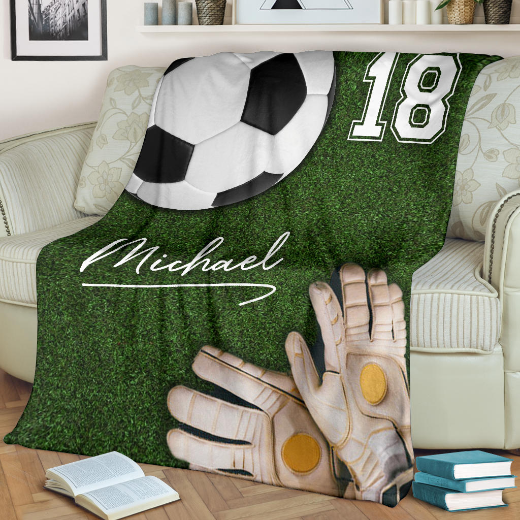 Petmytshirt Soccer Blanket Soccer Field Ball Glove Goalkeeper Sherpa Fleece Blanket Custom Name Number Soft Cozy Plush Throw Blanket
