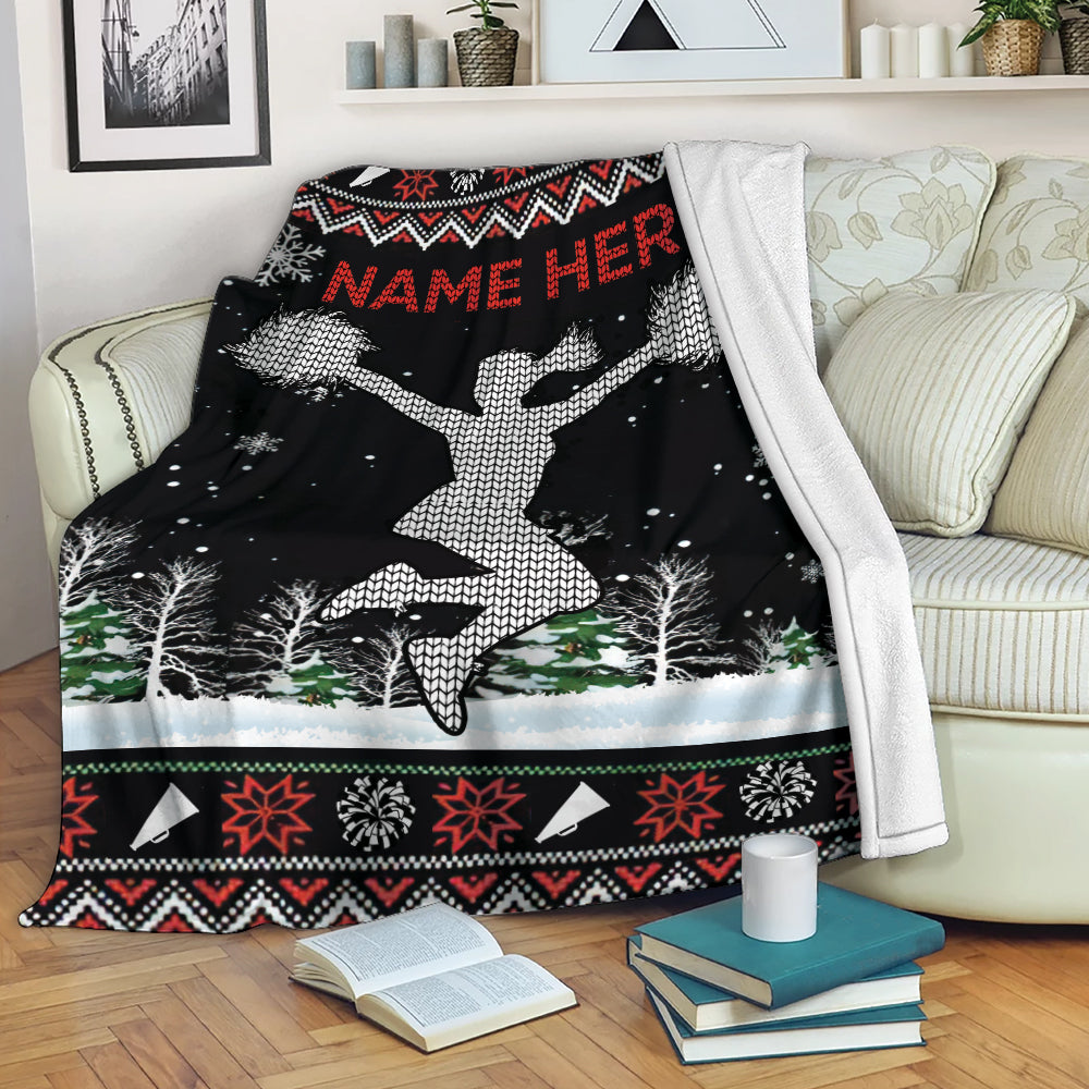 Petmytshirt Cheerleading Blanket Christmas Cheerleading Cheerleader Ugly Pattern Sherpa Fleece Blanket Custom Name Soft Cozy Plush Throw Blanket