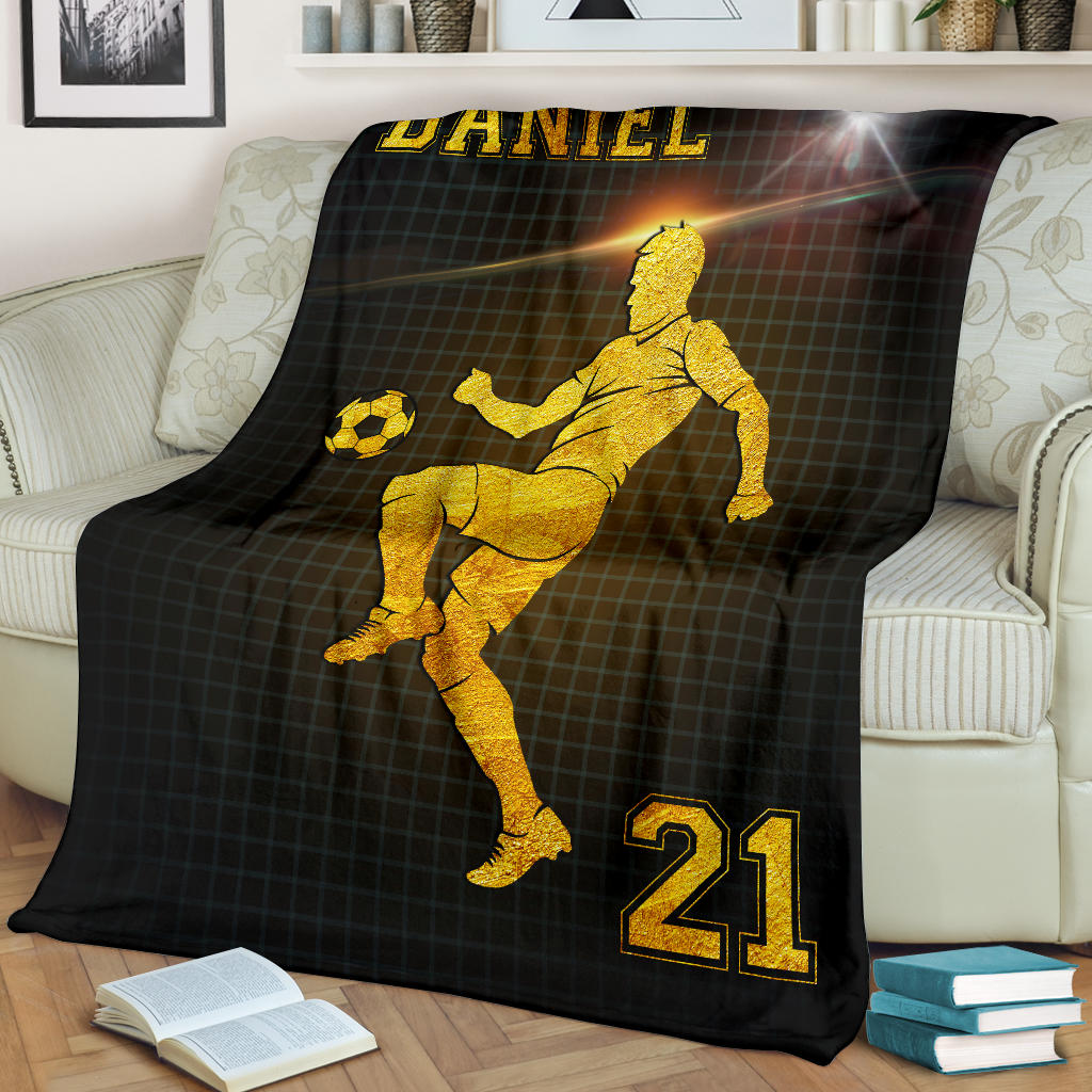 Petmytshirt Soccer Blanket Soccer Player Gold Fan Lover Gift Sherpa Fleece Blanket Custom Name Number Soft Cozy Plush Throw Blanket