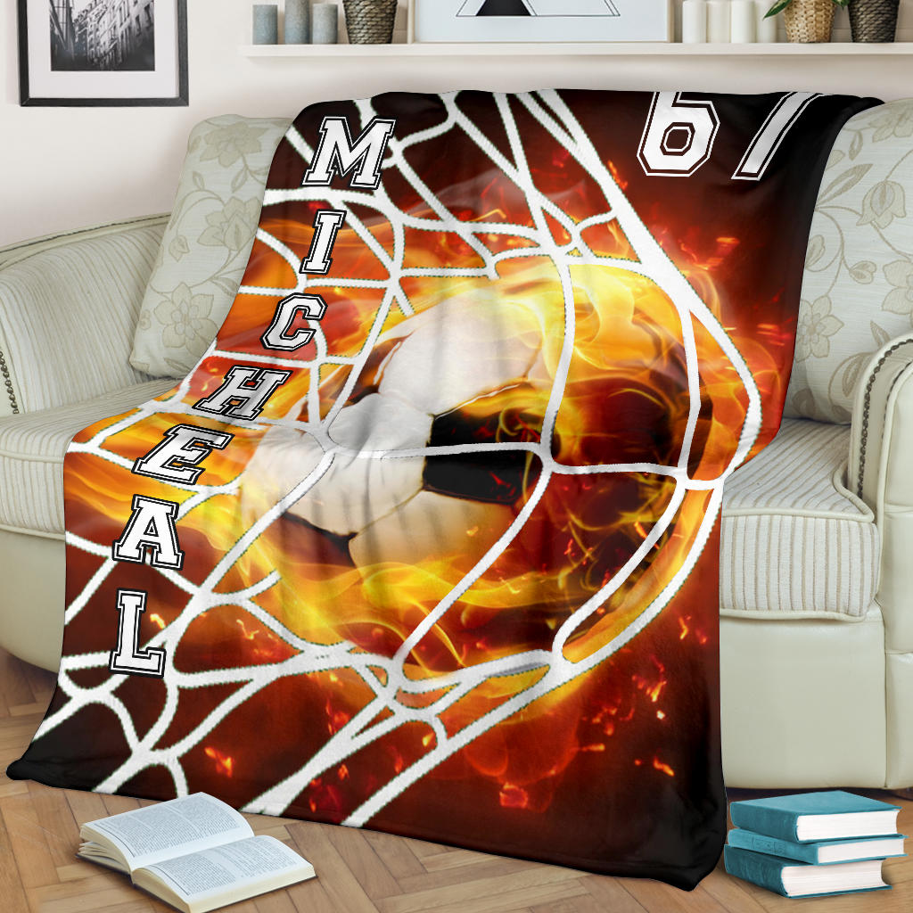 Petmytshirt Soccer Blanket Soccer Goal Fireball Lover Gift Sherpa Fleece Blanket Custom Name Number Soft Cozy Plush Throw Blanket