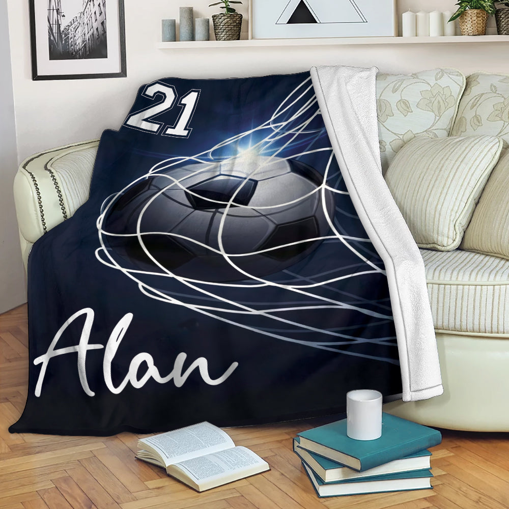 Petmytshirt Soccer Blanket Soccer Goal Navy Net Sherpa Fleece Blanket Custom Name Number Soft Cozy Plush Throw Blanket