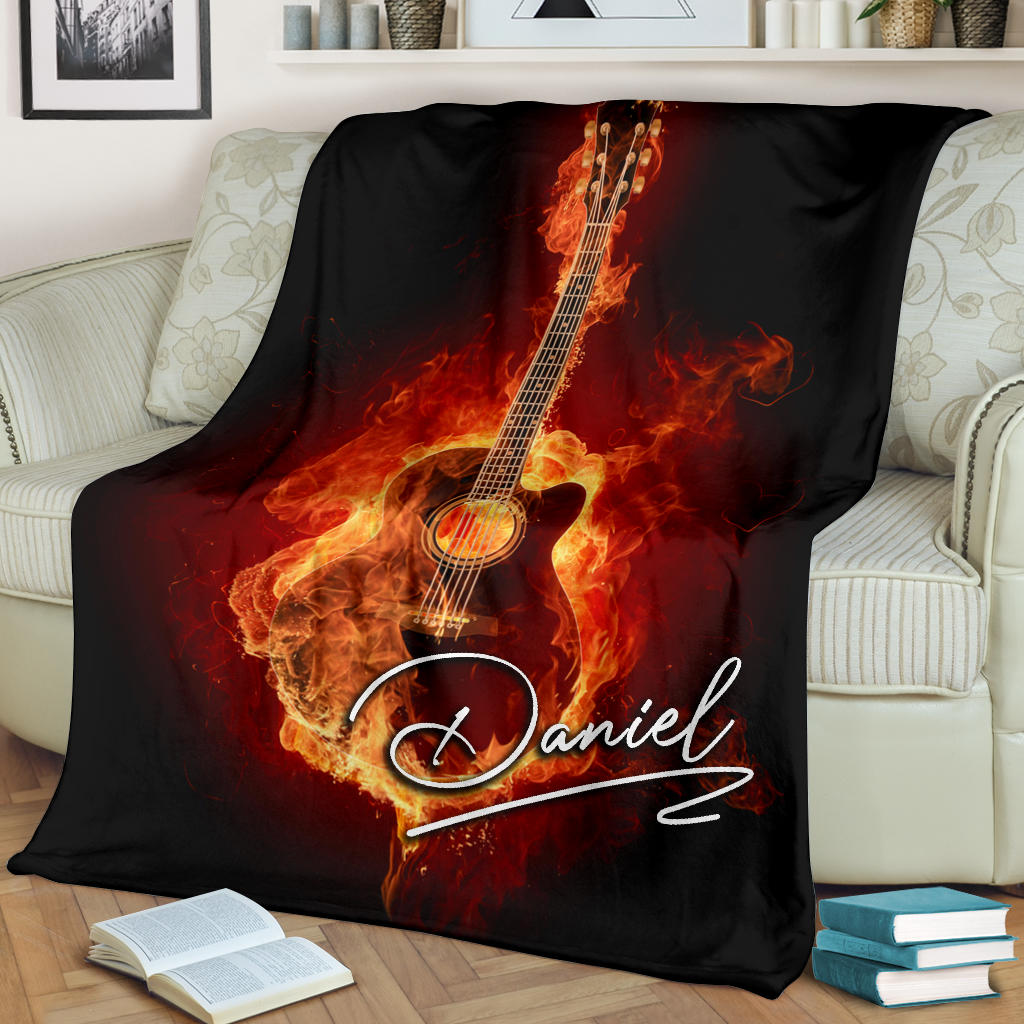 Petmytshirt Guitar Blanket Fire Flame Acoustic Guitar Sherpa Fleece Blanket Custom Name Soft Cozy Plush Throw Blanket For Guitarist