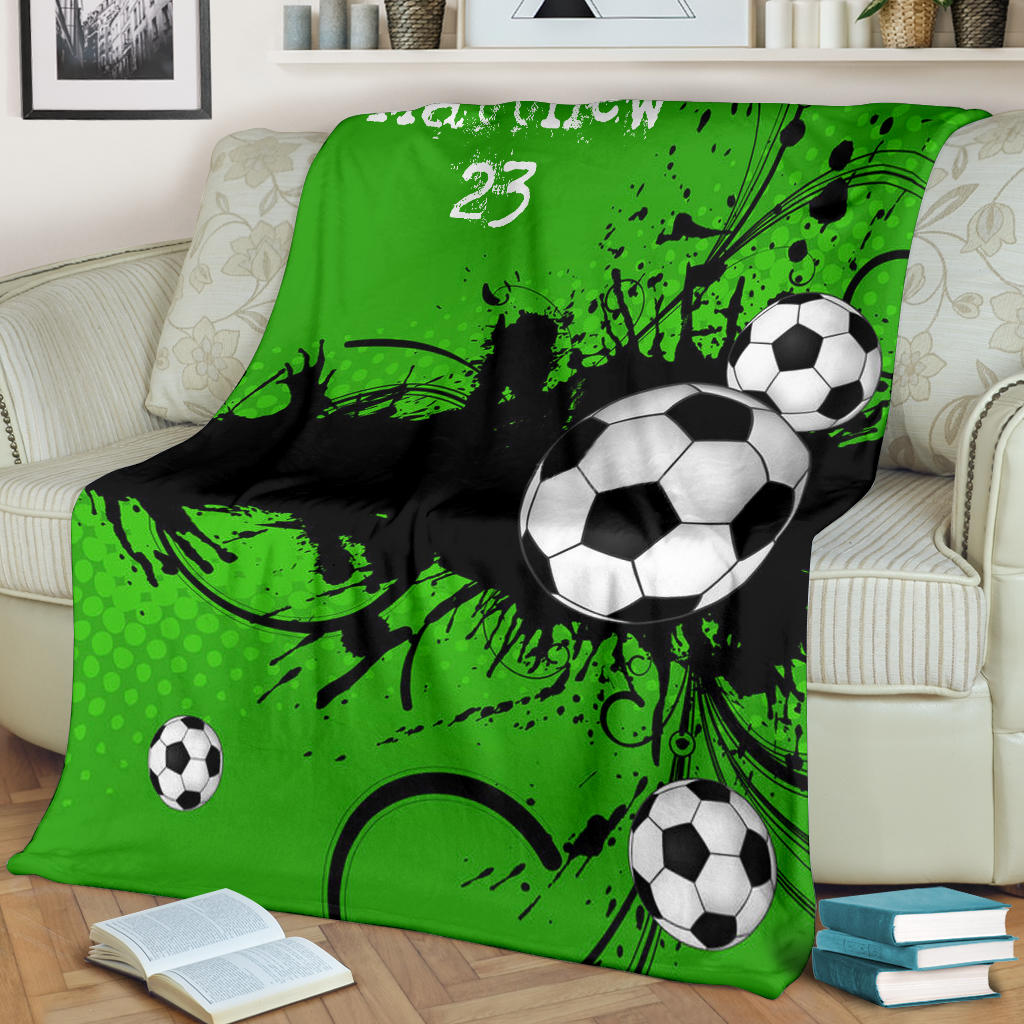 Petmytshirt Soccer Blanket Soccer Green With Balls Sherpa Fleece Blanket Custom Name Number Soft Cozy Plush Throw Blanket