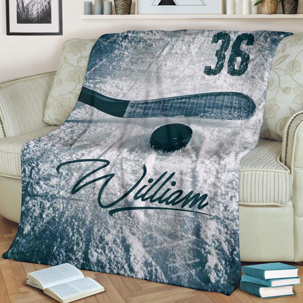 Hockey Blanket Blue Ice Hockey Blanket Hockey Stick And Puck Sherpa Fleece Blanket Soft Cozy Plush Throw Blanket