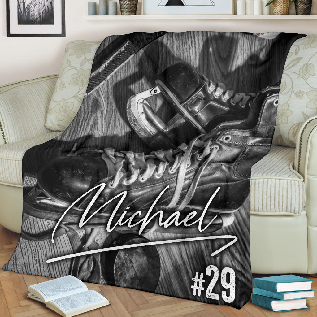 Petmytshirt Hockey Blanket Grey Wood Pattern Hockey Shoes Sherpa Fleece Blanket Custom Name Number Soft Cozy Plush Throw Blanket