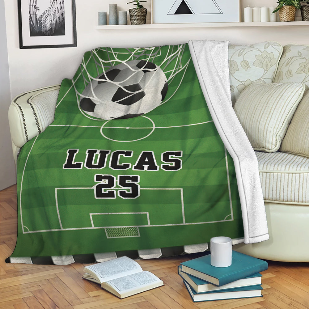 Petmytshirt Soccer Blanket Green Soccer Fied Goal Sherpa Fleece Blanket Custom Name Number Soft Cozy Plush Throw Blanket