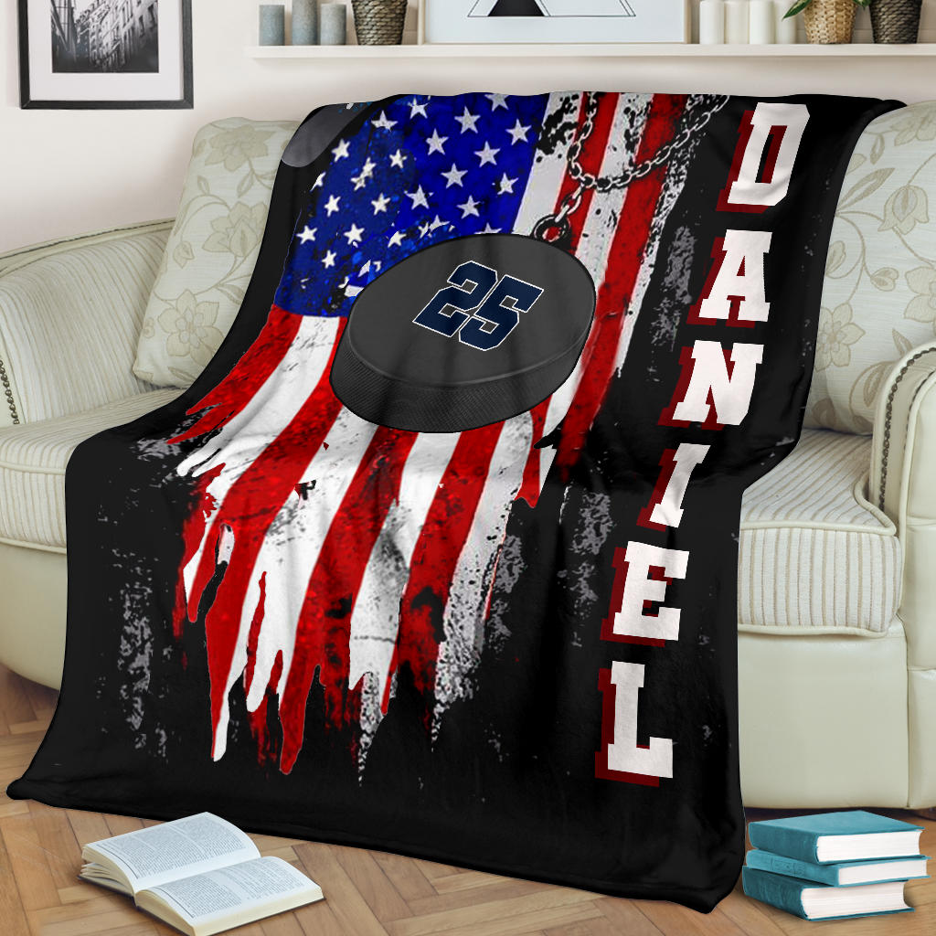 Petmytshirt Hockey Blanket Ice Hockey and US Flag Sherpa Fleece Blanket Soft Cozy Plush Throw Blanket For Men Boy Son Kid