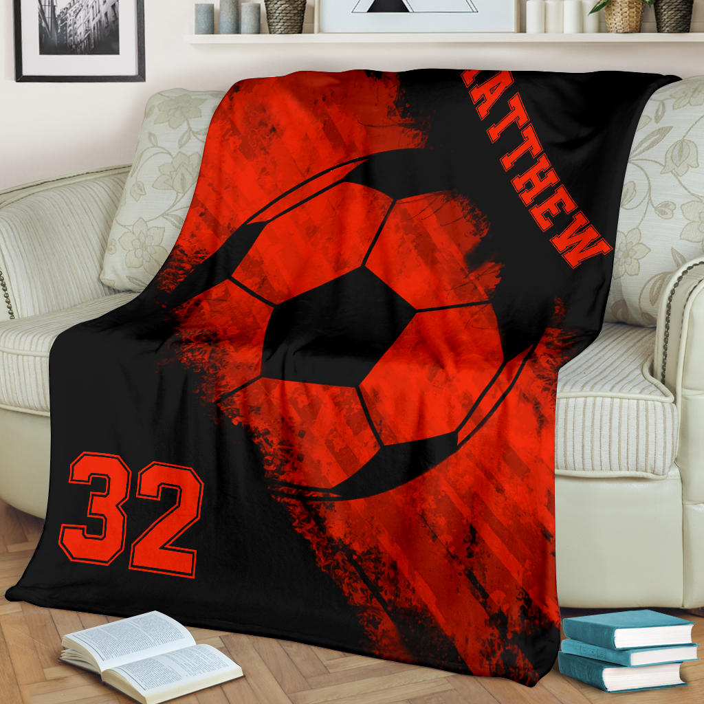 Petmytshirt Soccer Blanket Soccer Red Black Ball Sherpa Fleece Blanket Custom Name Number Soft Cozy Plush Throw Blanket
