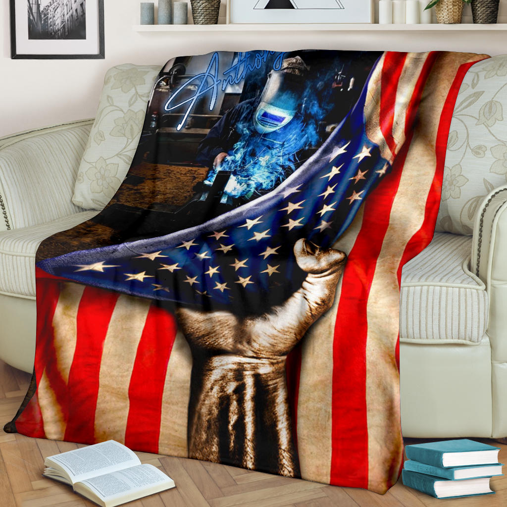Petmytshirt Welder Blanket Welder Hand Flag Usa American Sherpa Fleece Blanket Custom Name Soft Cozy Plush Throw Blanket