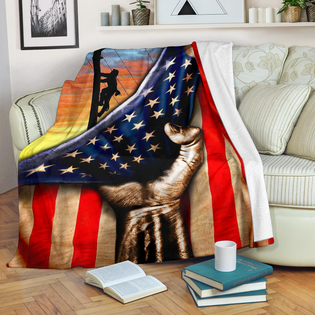 Lineman Blanket For Lineman America Us Flag Patriotic Electrician Pride Hand Sherpa Fleece Blanket Soft Cozy Plush Throw Blanket