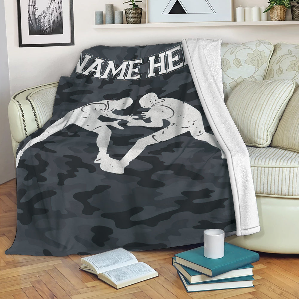 Petmytshirt Wrestling Blanket Black Camo Pattern Wrestling Sherpa Fleece Blanket Custom Name Soft Cozy Plush Throw Blanket For Boy Son