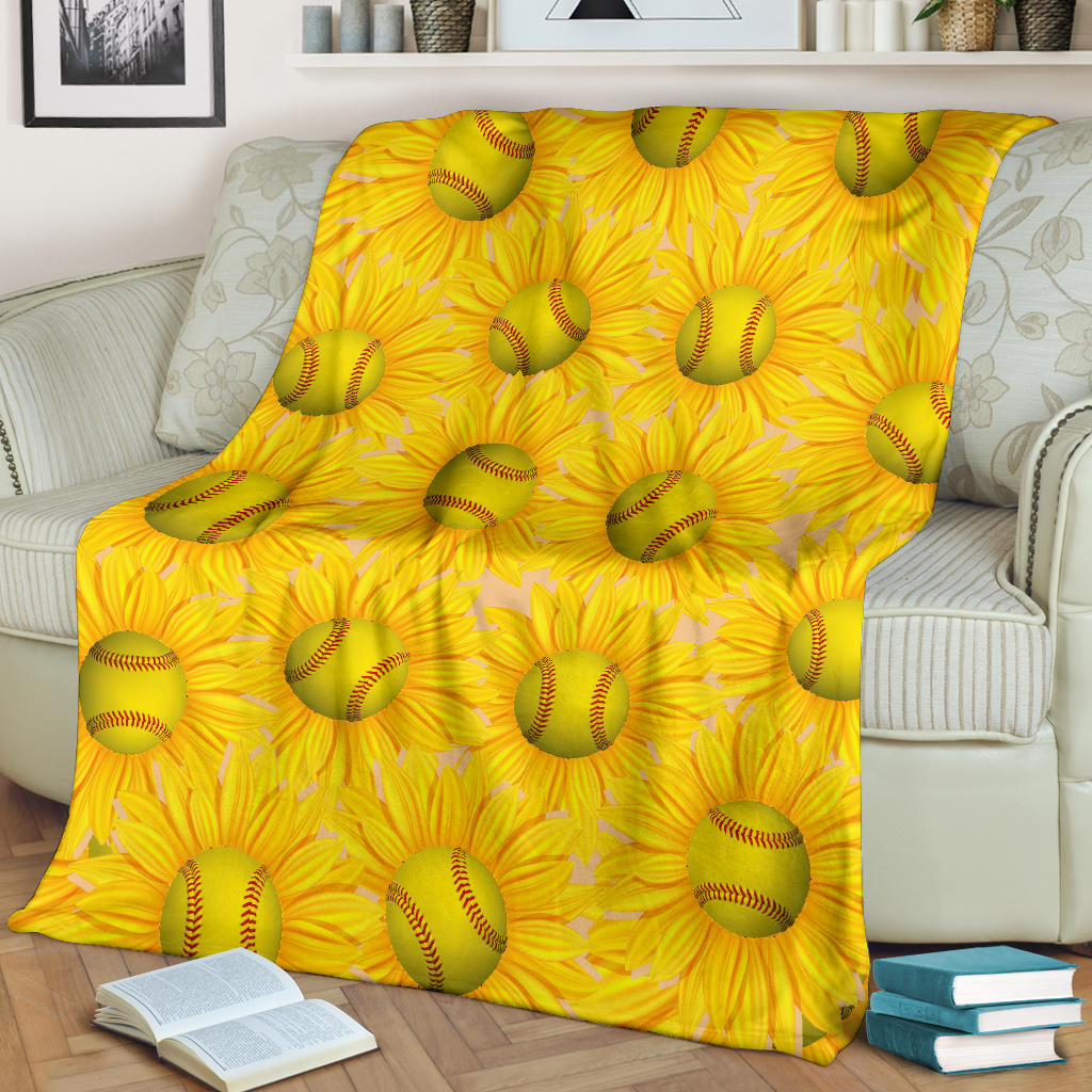 Softball Blanket Softball Sunflower Girl Sherpa Fleece Blanket Soft Cozy Plush Throw Blanket