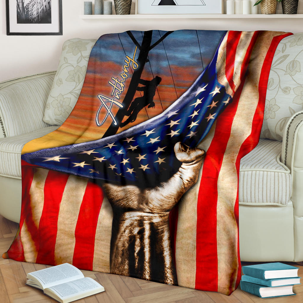 Petmytshirt Lineman Blanket Electrician Lineman and US Flag Sherpa Fleece Blanket Soft Cozy Plush Throw Blanket For Men Husband