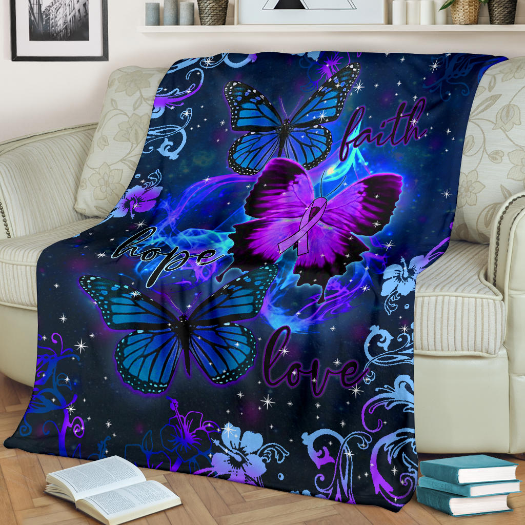 Butterfly Blanket Epilepsy Awareness Purple Ribbon Butterfly Faith Hope Love Blue Sherpa Fleece Blanket Soft Cozy Plush Throw Blanket