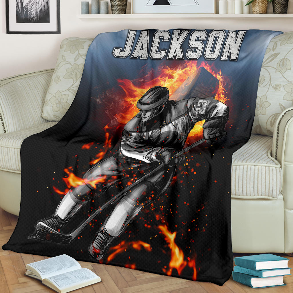 Petmytshirt Hockey Blanket Hockey Ice Hockey Fire Sherpa Fleece Blanket Custom Name Soft Cozy Plush Throw Blanket