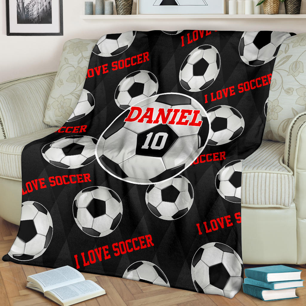 Petmytshirt Soccer Blanket I Love Soccer Sherpa Fleece Blanket Custom Name Number Soft Cozy Plush Throw Blanket For Boy Son