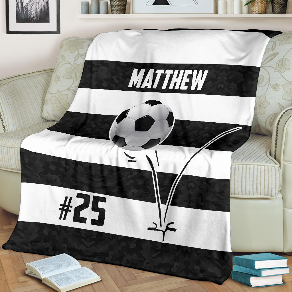 Petmytshirt Soccer Blanket Soccer Ball Bounce Black White Sherpa Fleece Blanket Custom Name Number Soft Cozy Plush Throw Blanket