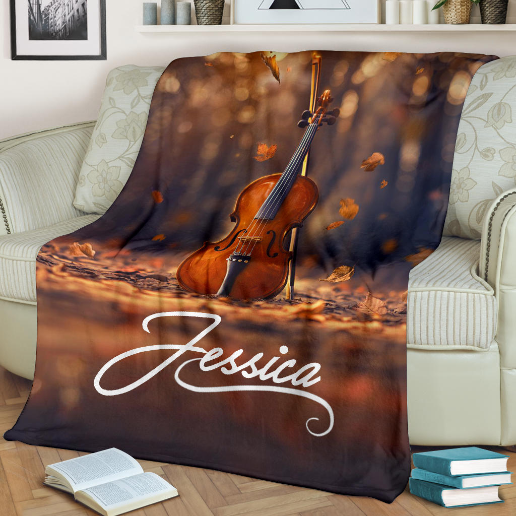 Petmytshirt Violin Blanket Music Autumn Violin For Violin Lovers Sherpa Fleece Blanket Custom Name Soft Cozy Plush Throw Blanket