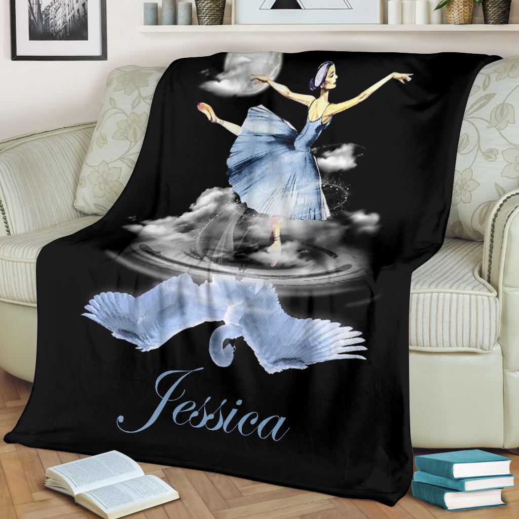 Petmytshirt Ballet Blanket Ballet Blue Swan Picture Black Ballet Dancer Sherpa Fleece Blanket Custom Name Soft Cozy Plush Throw Blanket