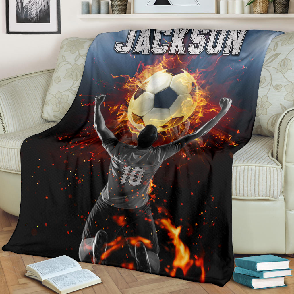Petmytshirt Soccer Blanket Fire Ball Sherpa Fleece Blanket Custom Name Number Soft Cozy Plush Throw Blanket For Boy Son