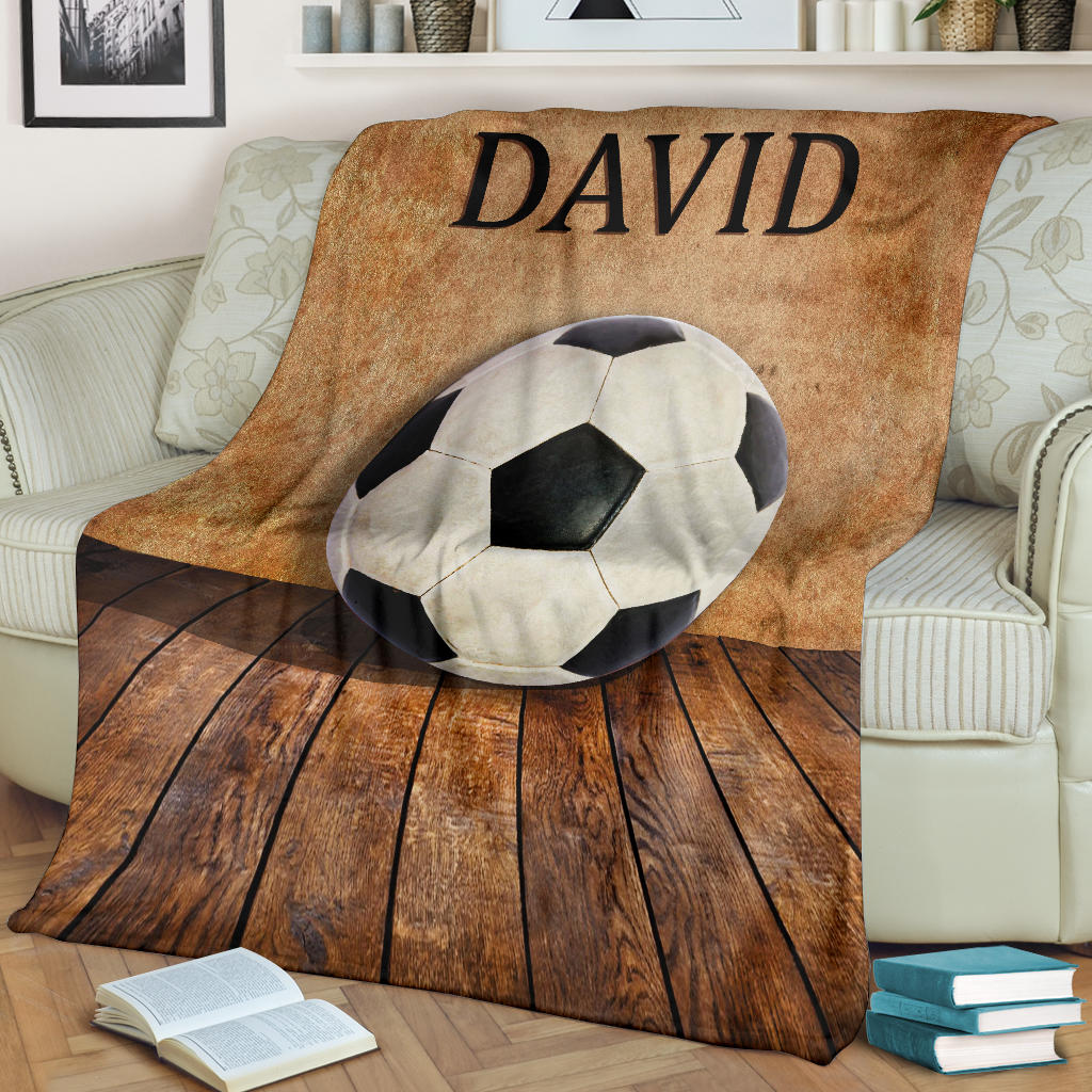 Petmytshirt Soccer Blanket Soccer Ball Wood Floor Sherpa Fleece Blanket Custom Name Soft Cozy Plush Throw Blanket