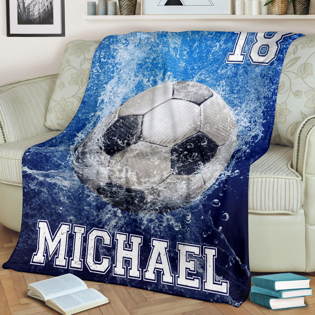 Petmytshirt Soccer Blanket Soccer Blue Ball Water Drop Sherpa Fleece Blanket Custom Name Number Soft Cozy Plush Throw Blanket
