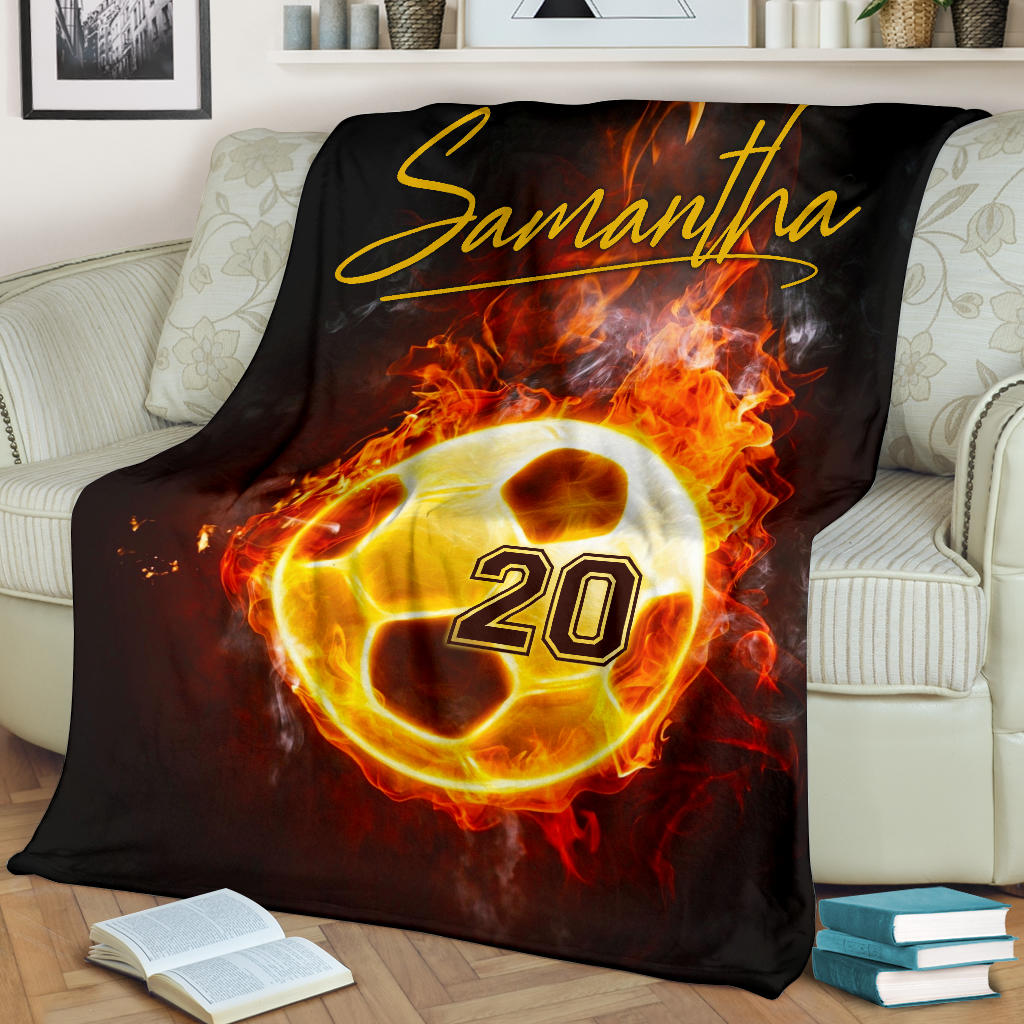 Petmytshirt Soccer Blanket Soccer Black Fireballs Sherpa Fleece Blanket Custom Name Number Soft Cozy Plush Throw Blanket