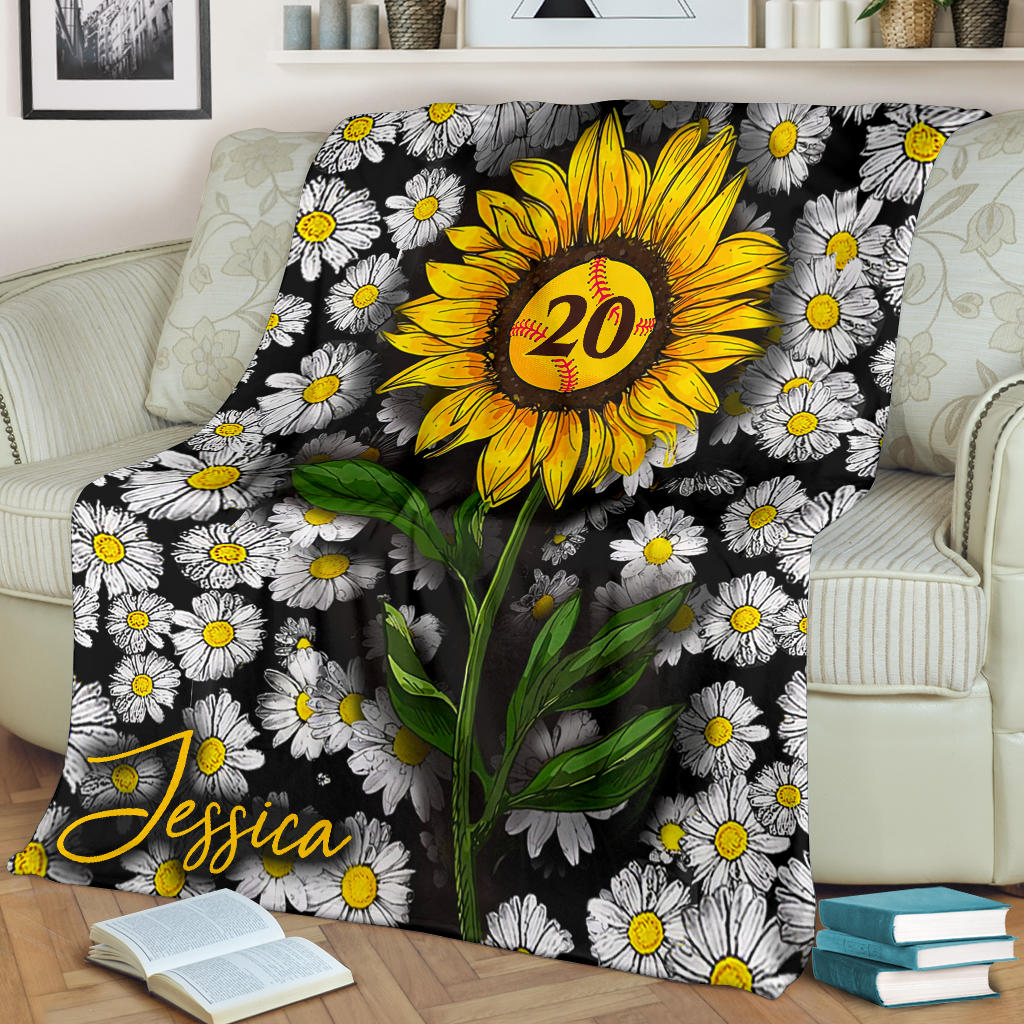 Petmytshirt Softball Blanket Softball Sunflower Girl Sherpa Fleece Blanket Custom Name Number Soft Cozy Plush Throw Blanket