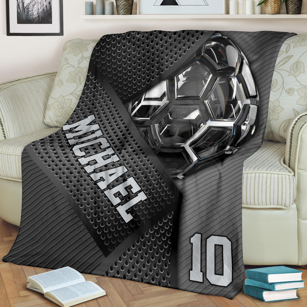 Petmytshirt Soccer Blanket Soccer Metal Flame Sherpa Fleece Blanket Custom Name Number Soft Cozy Plush Throw Blanket For Boy Son