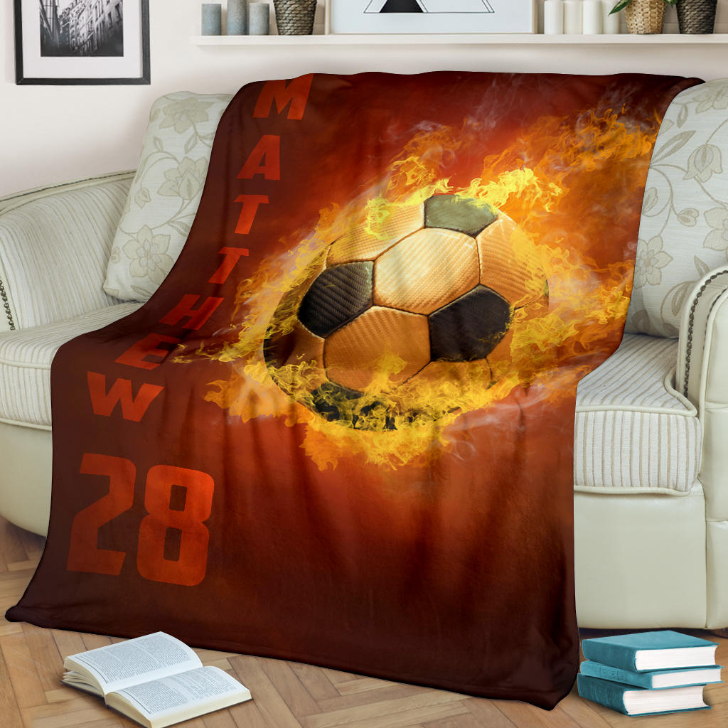 Petmytshirt Soccer Blanket Soccer Fireball Lover Gift Sherpa Fleece Blanket Custom Name Number Soft Cozy Plush Throw Blanket