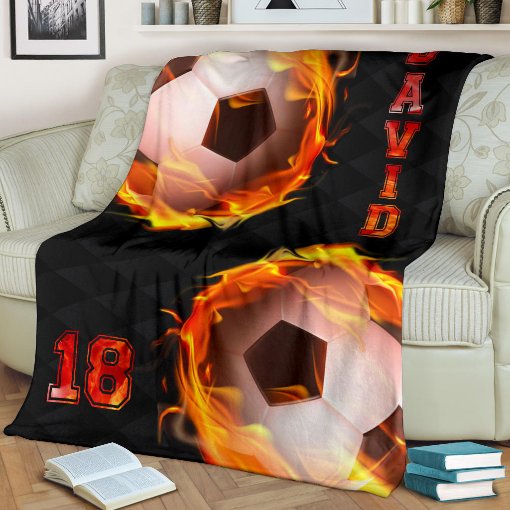 Petmytshirt Soccer Blanket Soccer Black Balls Fire Sherpa Fleece Blanket Custom Name Number Soft Cozy Plush Throw Blanket