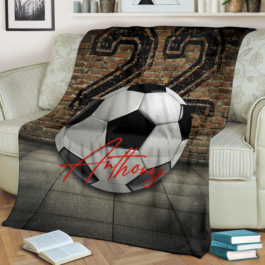 Petmytshirt Soccer Blanket Soccer Balls With Wall Sherpa Fleece Blanket Custom Name Number Soft Cozy Plush Throw Blanket