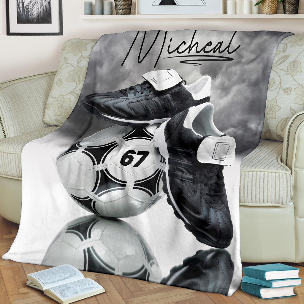 Petmytshirt Soccer Blanket Soccer Shoes Balls Grey Cloud Sherpa Fleece Blanket Custom Name Number Soft Cozy Plush Throw Blanket