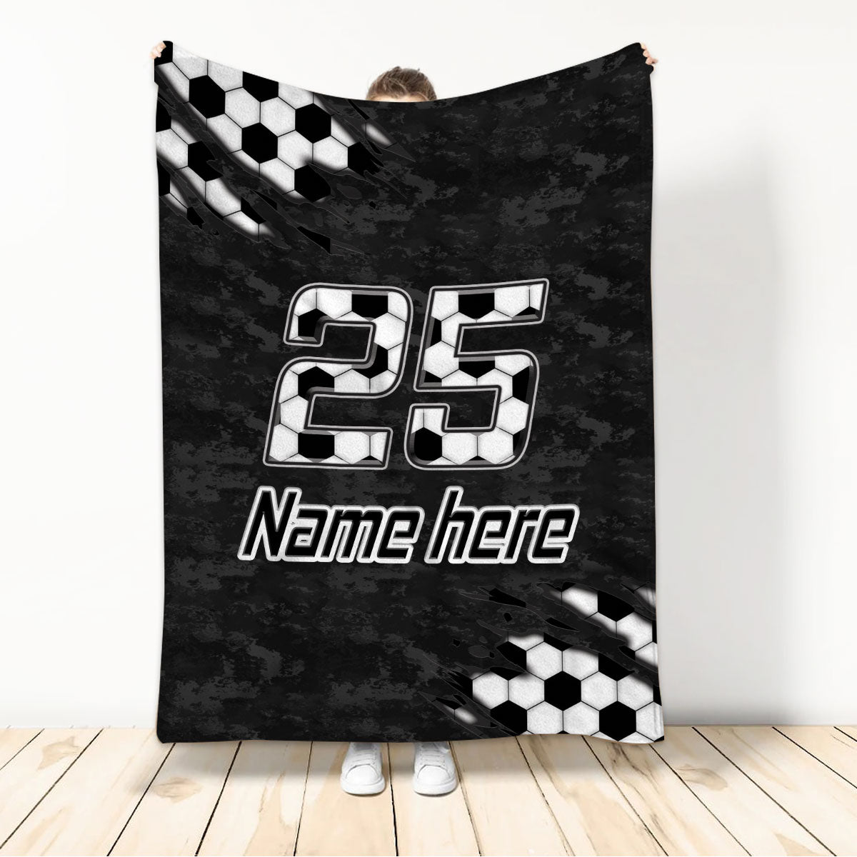 Petmytshirt Soccer Blanket Soccer BAndW Ball Pattern Black Camo Sherpa Fleece Blanket Custom Name Number Soft Cozy Plush Throw Blanket