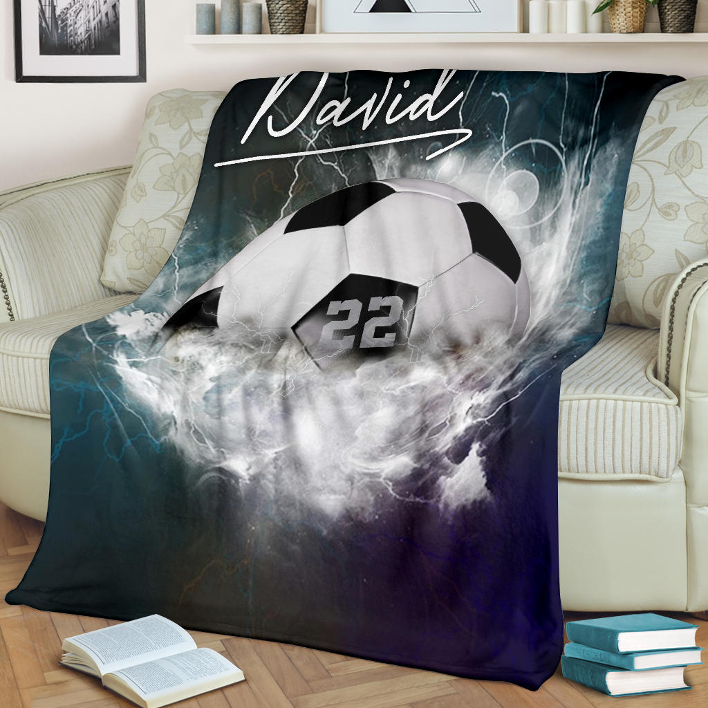 Petmytshirt Soccer Blanket Soccer Water Drop Thunder Balls Sherpa Fleece Blanket Custom Name Number Soft Cozy Plush Throw Blanket