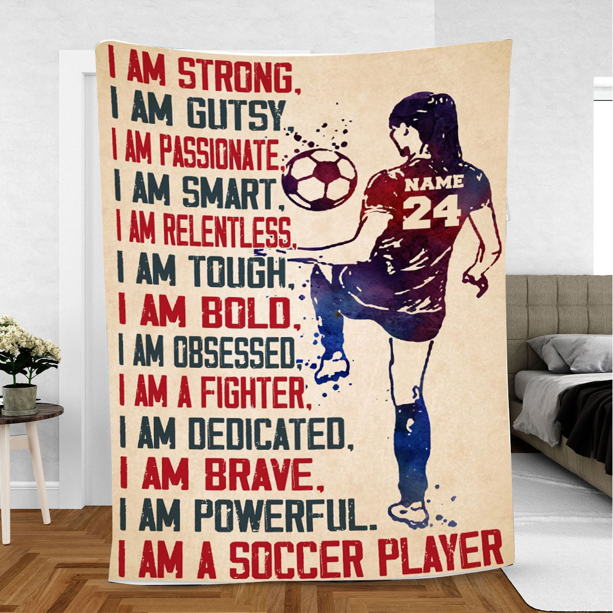Petmytshirt Soccer Blanket Soccer Player Girl and US Flag Sherpa Fleece Blanket Custom Name Number Soft Cozy Plush Throw Blanket