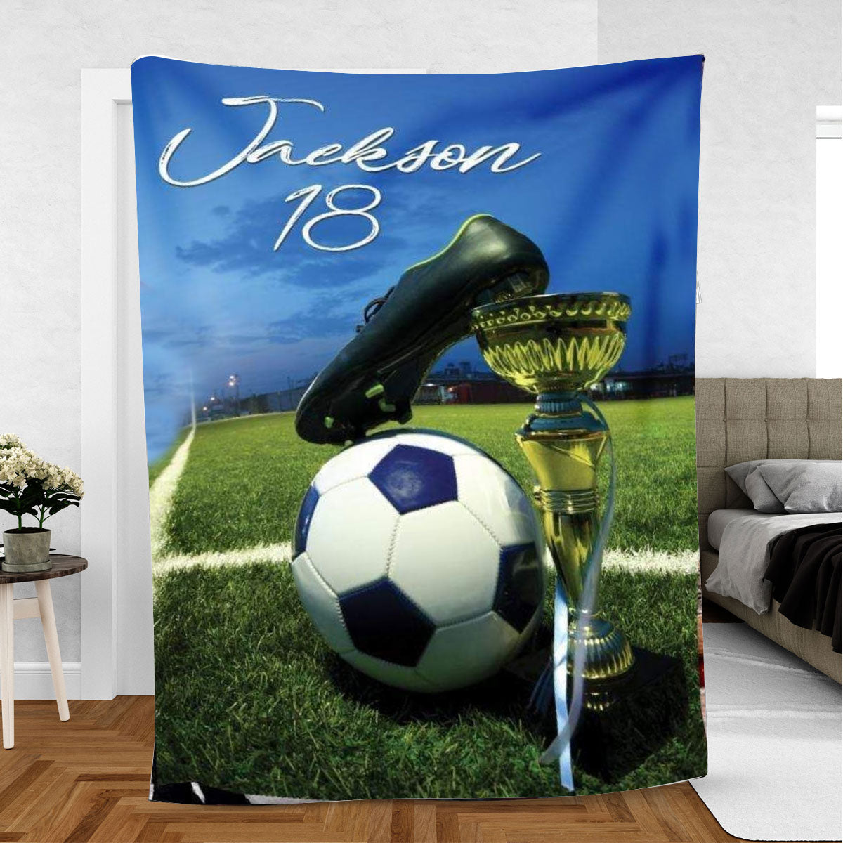 Petmytshirt Soccer Blanket Soccer Ball Field Sport Lover 1 Sherpa Fleece Blanket Custom Name Number Soft Cozy Plush Throw Blanket