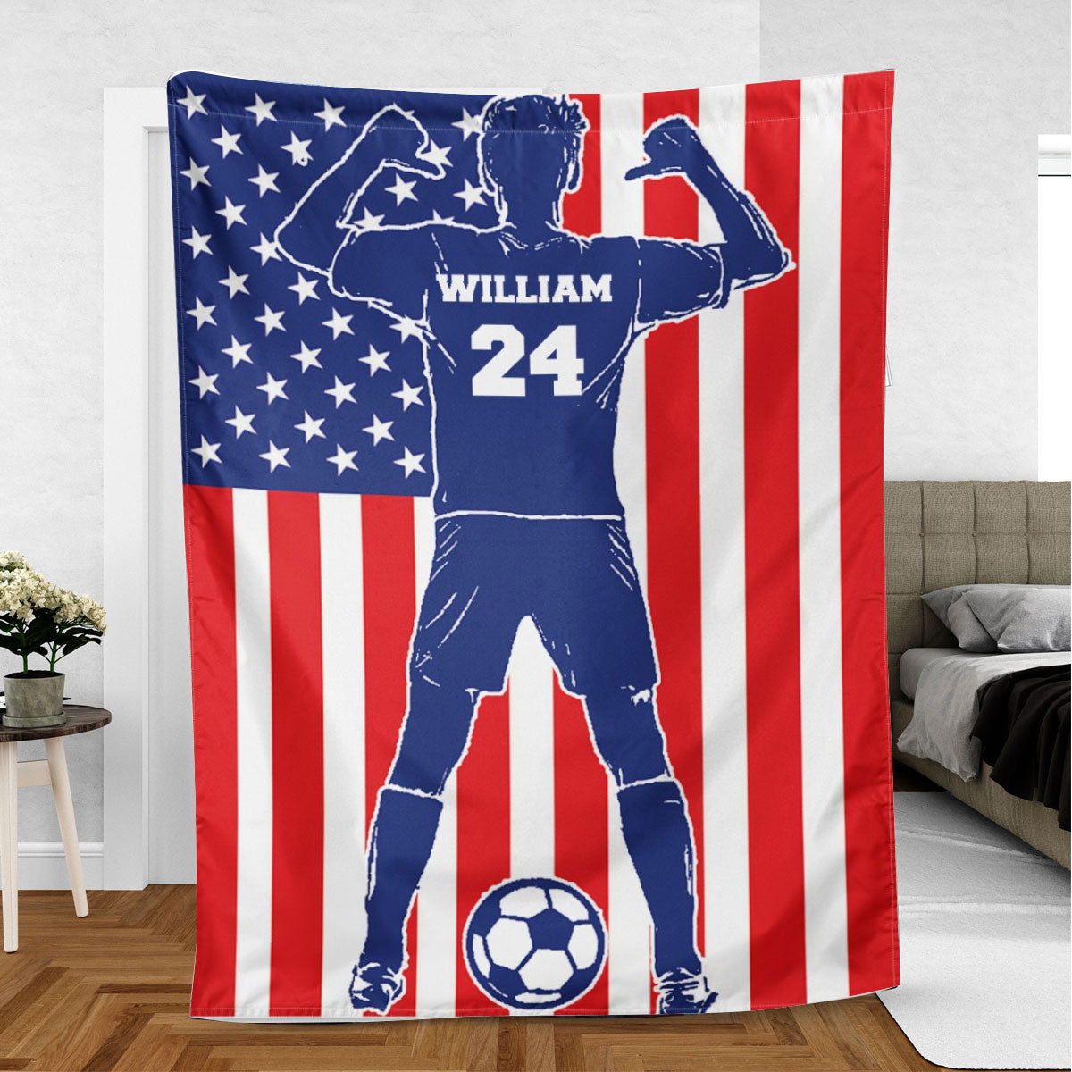 Petmytshirt Soccer Blanket Soccer Player and US Flag Sherpa Fleece Blanket Custom Name Number Soft Cozy Plush Throw Blanket