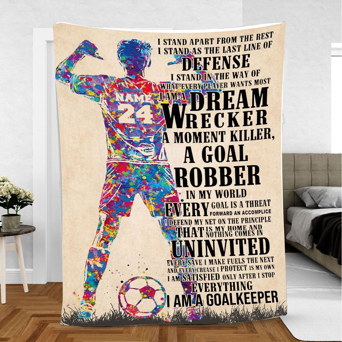 Petmytshirt Soccer Blanket Watercolor Soccer Player Sherpa Fleece Blanket Custom Name Number Soft Cozy Plush Throw Blanket For Boy Son