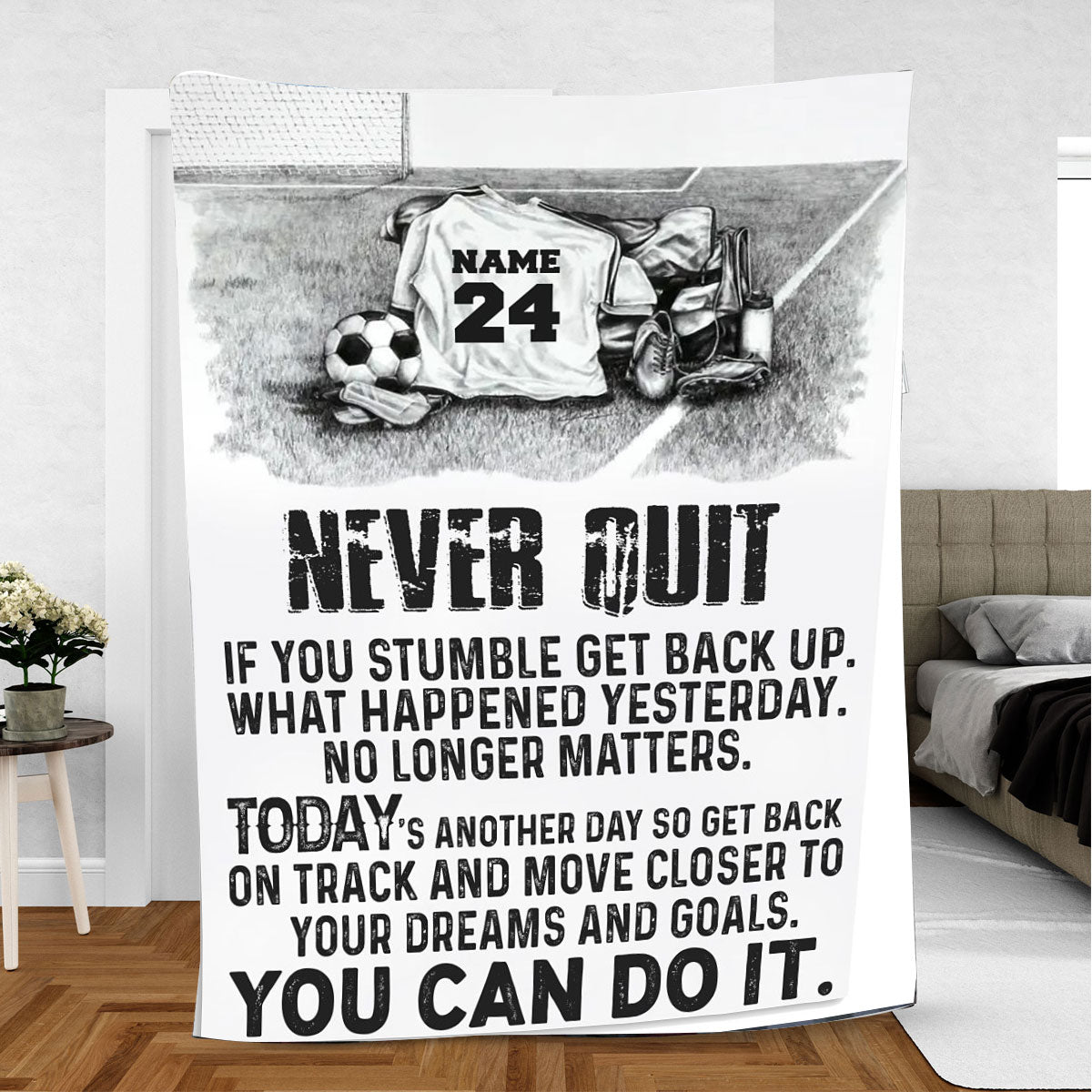 Petmytshirt Soccer Blanket Never Quit You Can Do It Sherpa Fleece Blanket Custom Name Number Soft Cozy Plush Throw Blanket