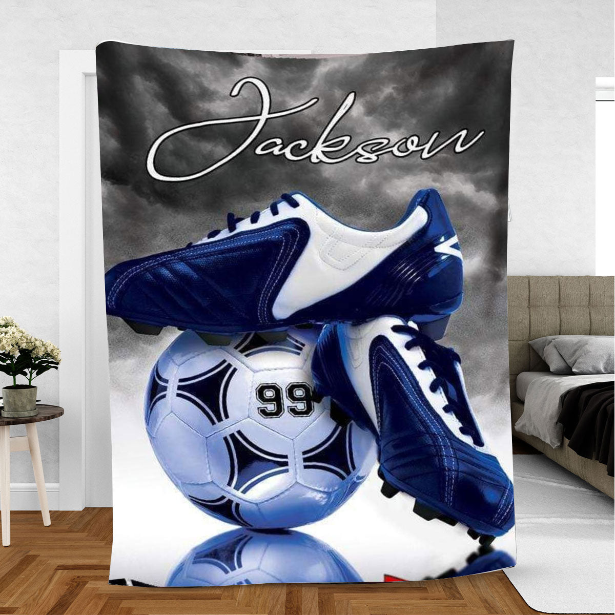 Petmytshirt Soccer Blanket Soccer Shoes Sport Lover Gift Sherpa Fleece Blanket Custom Name Number Soft Cozy Plush Throw Blanket